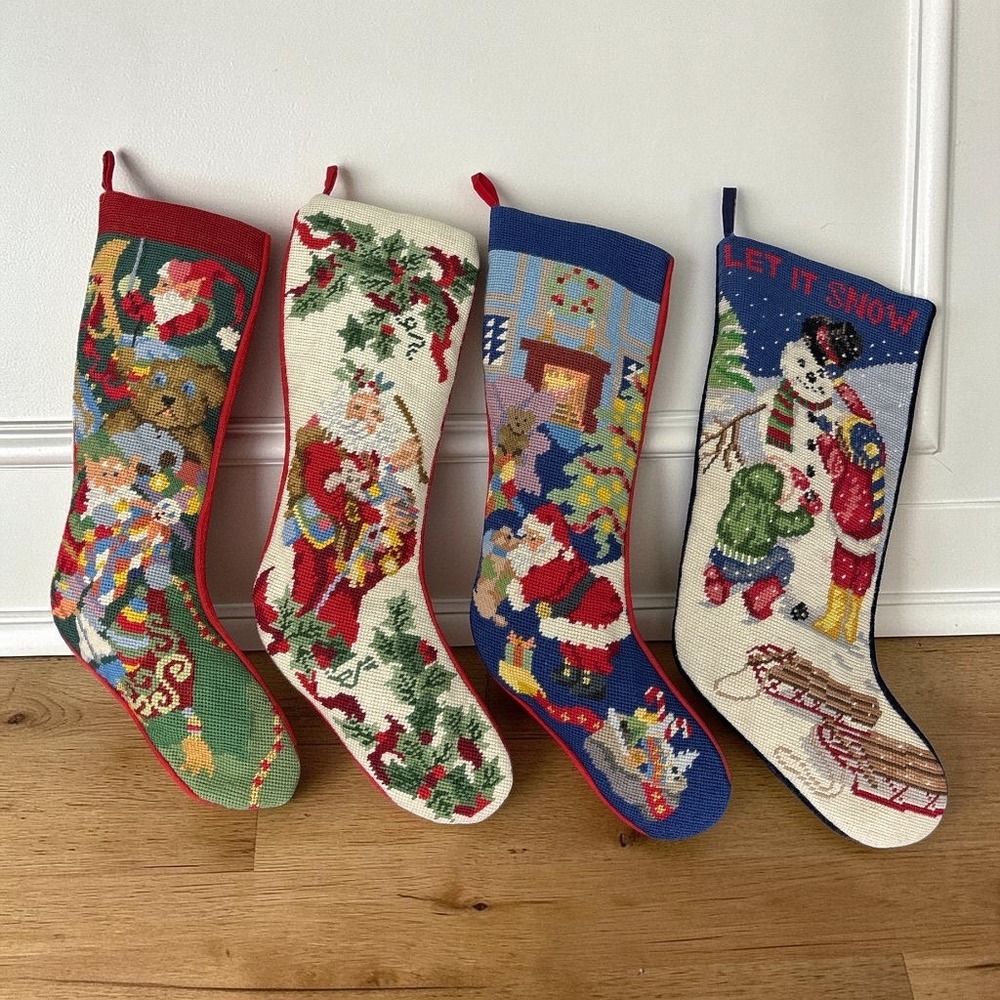 Needlepoint Christmas Stockings Set of 4 Santa Snowman Let It Snow Vintage
